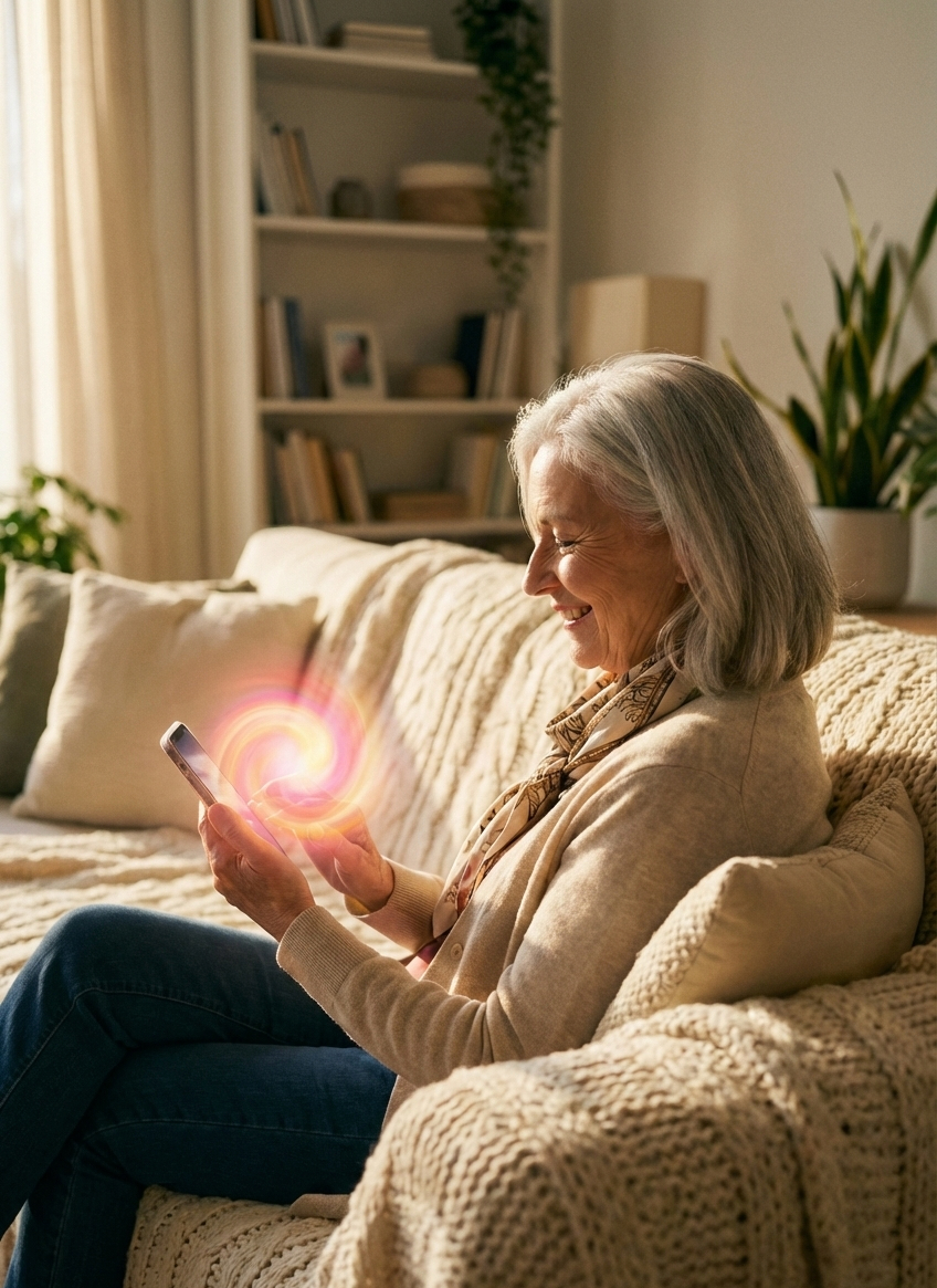 A senior man smiling while using SuKu voice AI for smartphone tech support